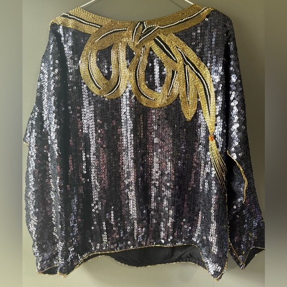 Vintage 80s Sequin Beaded 100% Silk size Small Black Gold Top, Evening - Picture 5 of 6